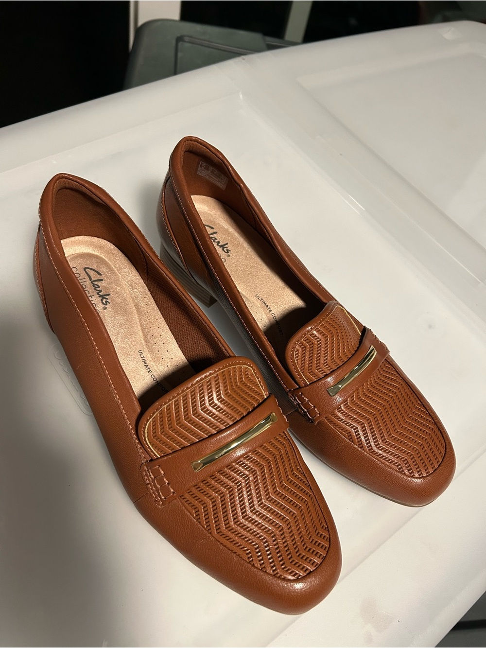 Clarks Women's Cognac Leather Loafers with Gold Accent